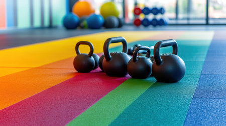 Close-up of gym equipment like kettlebells, dumbbells, and resistance bands placed on a rubberized floor.の素材
