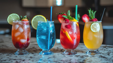 Four beautiful drinks blue lagoon with raspberries and lemon, margarita with lime, strawberry daiquiri with fresh strawberries, and iced tea with mint, arranged on a marble countertop.の素材
