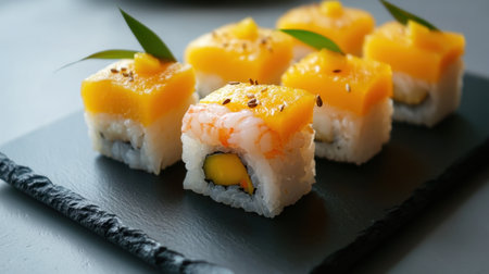 Gourmet sushi rolls with unique fillings like mango and shrimp, arranged neatly on a smooth black slate plate.の素材