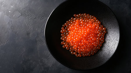 Glistening salmon roe arranged on a minimalist black plate, highlighted with subtle garnishes and dramatic lighting.の素材