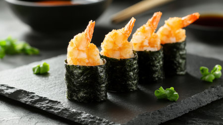 Fresh sushi rolls featuring crispy tempura shrimp and spicy sauces, set on a clean and modern slate presentation.の素材