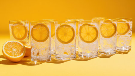 Homemade orange lemonade served in chilled glasses, surrounded by fresh orange slices, on a vibrant yellow background with selective focus.の素材
