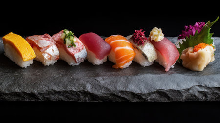 Freshly prepared sushi platter with colorful nigiri, maki rolls, and sashimi, elegantly arranged on a rustic slate background.の素材