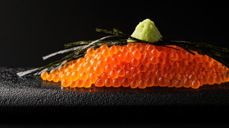 Minimalist arrangement of salmon roe on a black background, styled with seaweed strips and a touch of wasabi.の素材