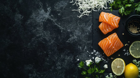 Salmon sashimi on a dark textured surface, surrounded by elegant garnishes like shredded daikon, wasabi, and lemon slices.の素材