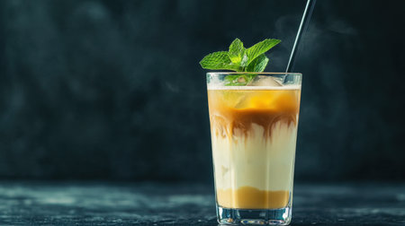Layered iced coffee lemonade in a glass, with a straw and a sprig of mint, set against a dramatic dark background.の素材
