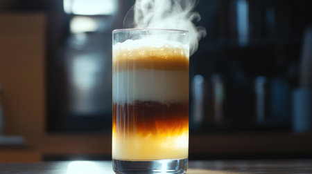 Layered iced coffee lemonade in a tall glass, with steam rising in the background, creating a contrast of warmth and chill.の素材