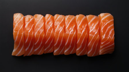 Vibrant salmon sashimi with clean lines and glistening texture, arranged on a dark plate with minimalist dcor.の素材