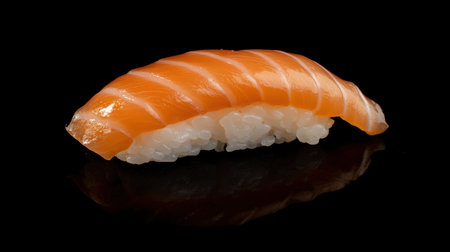 Perfectly crafted salmon sushi nigiri on a dark textured background, styled with subtle garnishes for an authentic look.の素材