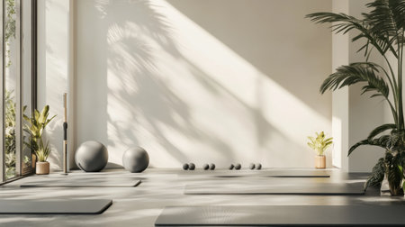 Minimalist gym interior with yoga mats, exercise balls, and a serene corner for stretching or cool-down exercises.の素材