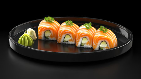 Vibrant sushi rolls with salmon and cream cheese, placed on a black ceramic plate with a side of wasabi and ginger.の素材