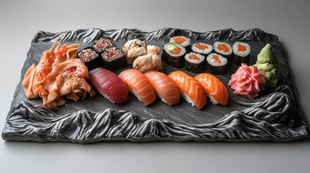 Sushi variety featuring tuna rolls, salmon nigiri, and eel, arranged on a textured slate board for a clean, traditional look.の素材