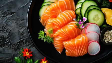 Minimalist shot of salmon sashimi on a black plate, with vibrant garnishes of radish, cucumber, and edible flowers.の素材