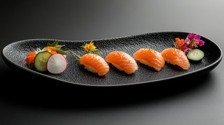 Minimalist shot of salmon sashimi on a black plate, with vibrant garnishes of radish, cucumber, and edible flowers.の素材