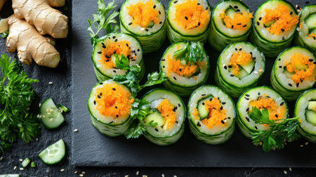 Vibrant sushi rolls with cucumber, crab, and spicy mayo, displayed on a minimalist slate board with garnishes of wasabi and ginger.の素材