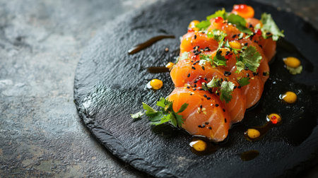 Salmon sashimi slices artfully arranged on a black stone plate, accompanied by fresh herbs and a drizzle of soy sauce.の素材
