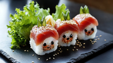 Sushi platter featuring eel nigiri and spicy tuna rolls, beautifully styled with sesame seeds and fresh greens on a slate board.の素材