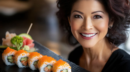 Vibrant sushi rolls with cucumber, crab, and spicy mayo, displayed on a minimalist slate board with garnishes of wasabi and ginger.の素材