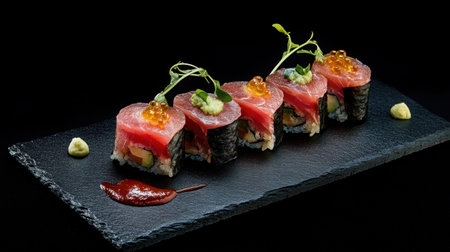 Premium sushi rolls with fresh sashimi slices of salmon and tuna, elegantly displayed on a dark slate serving board.の素材