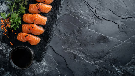 Salmon sashimi slices artfully arranged on a black stone plate, accompanied by fresh herbs and a drizzle of soy sauce.の素材