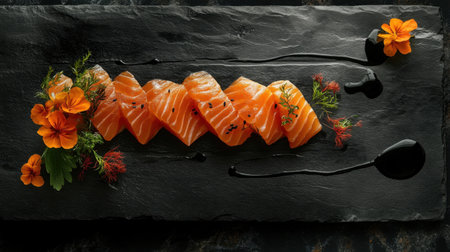 Salmon sashimi slices artfully arranged on a black stone plate, accompanied by fresh herbs and a drizzle of soy sauce.の素材