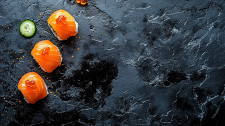 Salmon sushi rolls with bright orange fish, rice, and cucumber, beautifully styled on a black slate surface.の素材
