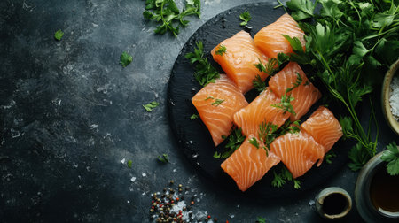 Salmon sashimi slices artfully arranged on a black stone plate, accompanied by fresh herbs and a drizzle of soy sauce.の素材