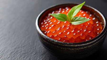 Salmon roe in a traditional Japanese ceramic dish, placed on a black background with an elegant, minimalist design.の素材