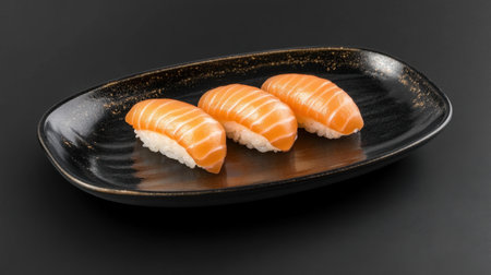 Salmon nigiri sushi with glistening fish, perfectly placed on a black ceramic plate with elegant minimalism.の素材