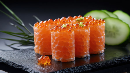 Salmon roe sushi rolls placed on a sleek black slate, garnished with cucumber slices and wasabi for an elegant presentation.の素材