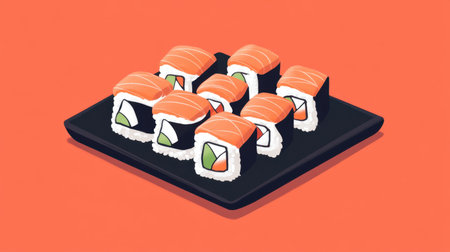 Vibrant sushi rolls with salmon, rice, and seaweed, placed on a dark ceramic dish with elegant minimalism.の素材