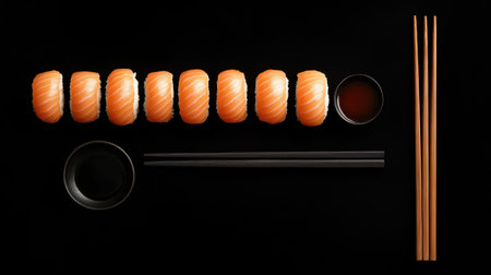 Salmon sushi nigiri arranged in a line on a black background, accompanied by chopsticks and a small bowl of soy sauce.の素材