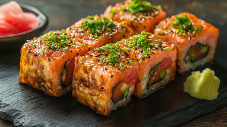 Traditional Japanese sushi rolls with salmon, tuna, and cucumber served on a slate board, garnished with pickled ginger and wasabi.の素材