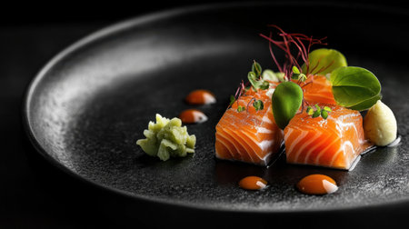 Vibrant salmon sashimi served on a black plate, with a side of soy sauce, pickled ginger, and delicate green shiso leaves.の素材