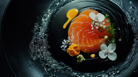 Vibrant salmon sashimi served on a black plate, with a side of soy sauce, pickled ginger, and delicate green shiso leaves.の素材