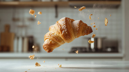 A beautifully baked croissant levitates above a kitchen counter, surrounded by scattered crumbs. This dynamic capture highlights the flaky texture and enticing aroma, perfect for food enthusiasts.の素材