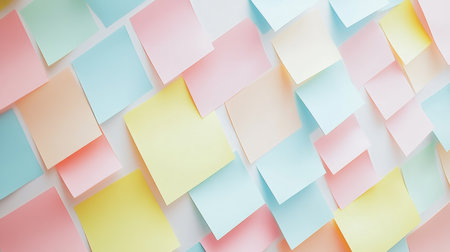 A vibrant arrangement of colorful sticky notes in pastel shades on a white background, perfect for capturing ideas, reminders, or creative expressions in an office or study setting.の素材