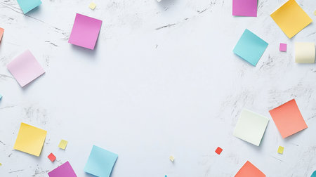 A vibrant collection of colorful paper notes arranged on a clean white background, perfect for creative projects, planning, and organization in workspaces.の素材