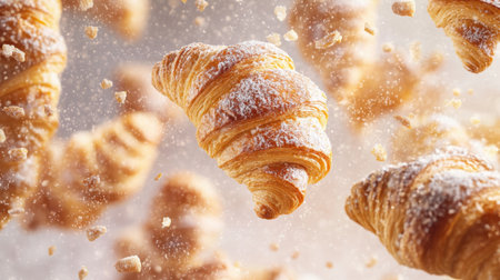 Delight in these floating sweet croissants, showcasing their flaky texture and golden color. A perfect shot for food lovers and bakery enthusiasts.の素材
