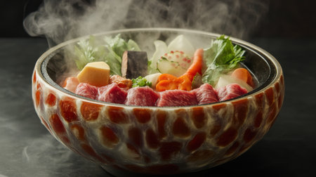 This beautifully arranged shabu shabu hotpot set features an array of fresh ingredients, including colorful vegetables and tender meats. Perfect for a cozy meal.の素材