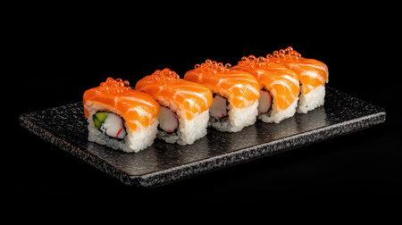 A captivating arrangement of sushi pieces topped with vibrant salmon roe, showcasing culinary artistry and freshness, perfect for gourmet dining experiences.の素材