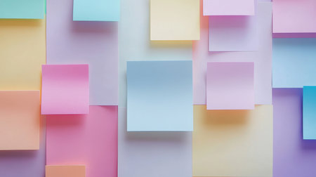 A vibrant collection of colorful note papers arranged on a smooth background, perfect for creative projects or showcasing minimalist design elements.の素材