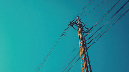 This image showcases a close-up view of a high voltage power line made of steel, reaching high against a clear blue sky, symbolizing modern infrastructure and energy transmission.の素材