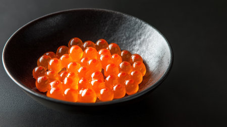 A stunning presentation of fresh salmon roe in a sleek black bowl. The vibrant orange pearls showcase the elegance of this gourmet seafood delicacy. Perfect for sushi lovers and food enthusiasts.の素材