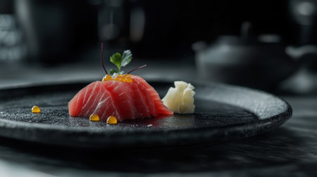 An exquisite presentation of fresh sliced tuna sashimi, beautifully garnished with delicate herbs and sauces, showcasing culinary artistry and flavor.の素材
