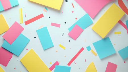 A vibrant background filled with colorful paper pieces in various shapes. Perfect for playful and creative projects, adding a cheerful touch to designs.の素材