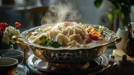 A beautifully arranged shabu shabu hotpot set with fresh ingredients and colorful vegetables. Steam rises from the flavorful broth, inviting warmth and enjoyment for a delightful dining experience.の素材