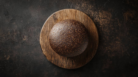 A beautifully baked round bread showcased from the top view on a rustic wooden platter. Perfect for highlighting culinary creations in a cozy kitchen setting.の素材