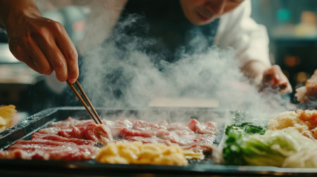 A skilled chef prepares shabu shabu, showcasing fresh ingredients and delicate techniques. Enjoy the steam rising from the hot pot, bringing flavors to life.の素材