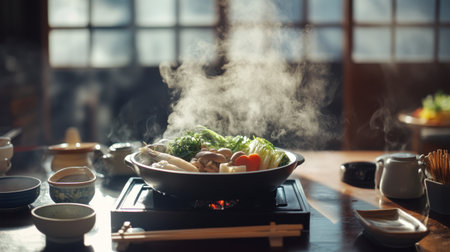 Experience a beautiful shabu shabu hotpot, filled with fresh vegetables and rich broth, creating an inviting and warm dining atmosphere perfect for gatherings.の素材